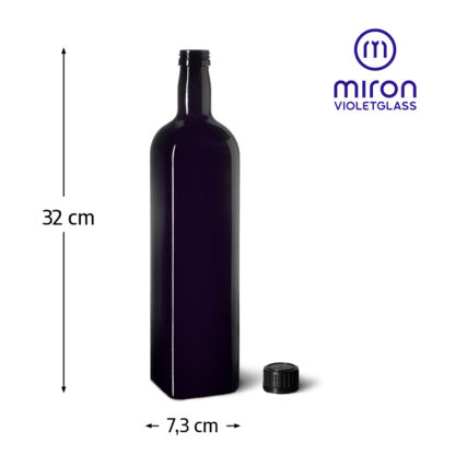 Wymiary butelki na olej z lini Castor z fioletowego szkła biofotonicznego Miron o pojemności 1 l wysokość 32 centymetry średnica 7,3 centymetra