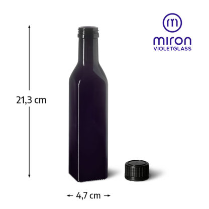 Wymiary butelki na olej z lini Castor z fioletowego szkła biofotonicznego Miron o pojemności 250 ml wysokość 21,5 centymetra średnica 4,7 centymetra