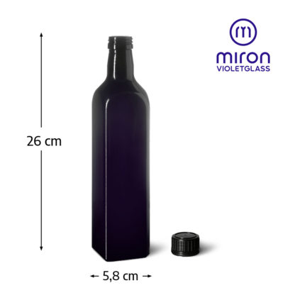 Wymiary butelki na olej z lini Castor z fioletowego szkła biofotonicznego Miron o pojemności 500 ml wysokość 26 centymetrów średnica 5,8 centymetra