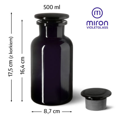Wymiary butelki aptecznej Libra 500 ml 17,5 centymetra z korkiem średnica 8,7 centymetra