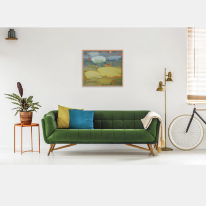 zielono-niebieski pejzaż obraz abstrakcja w salonie nad kanapą