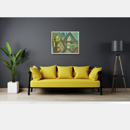 zielony obraz nad żółtą kanapą w salonie