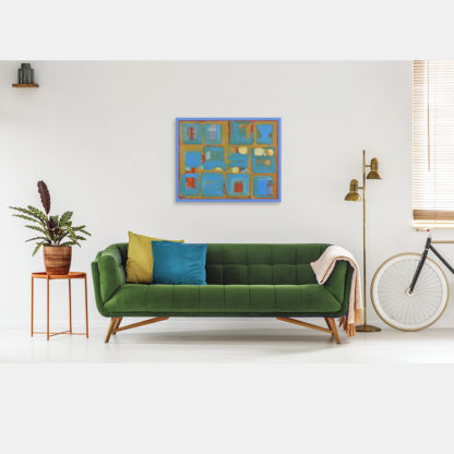 Obraz abstrakcja w tonacji turkusowej w pokoju nad kanapą